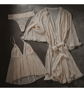 Kadın Çeyizlik Ve Bohçalık Tül Transparan Ekru Renk Babydoll, String ve Sabahlık 3 lü Paket BB2686