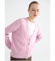 LCW Comfort Pembe V Yaka Kendinden Desenli Kadın Triko Hırka