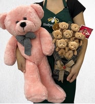 Kişiye Özel Fotoğraflı 7'li Peluş Ayıcık Buketi ve Büyük Boy Pembe Peluş Ayıcık (Model 4)