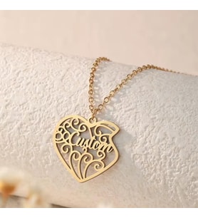 Kişiye Özel 925 Ayar Gümüş Zarif Desenli Tasarım Kalp İsim Kolye (Gold)