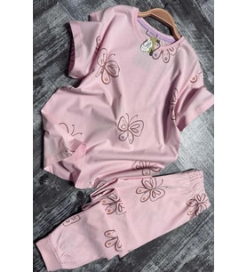 Kız Çocuk Kelebek Desenli T-Shirt Pembe Pijama Takımı 8-14 Yaş