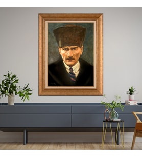 Altın Varaklı Çerçeveli Paspartulu Atatürk Tablo TR0573 (Gold)