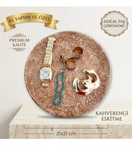Kahverengi Eskitme Doğal Taş Görünümlü Dekoratif Takı Tepsisi - El Yapımı Yatak Odası & Komodin Düzenleyici Sunum Tepsisi (21x21 cm)