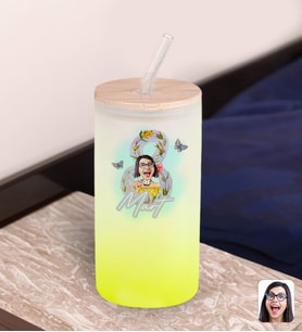 BK Gift Kadınlar Gününe Özel Karikatürlü Sarı Renk Pipetli Buzlu Cam Bardak 600ml - 3, 8 Mart Kadınlar Günü