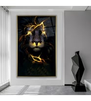 Metal Çerçeveli Aslan Cam Tablo (Gold)