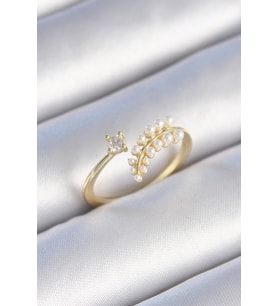 Pirinç Gold Renk Zirkon Taşlı İncili Yaprak Model Kadın Yüzük (Altın)