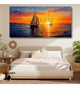 Panoramik Kanvas Duvar Tablosu Soyut Yağlı Boya Görünümlü Sunset Yelkenliler