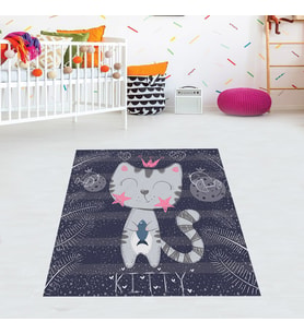 Kedili Halı Kedi Desenli Renkli Dijital Baskı Yıkanabilir Kaymaz Taban Bebek ve Çocuk Odası Halısı (Lacivert)