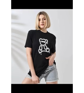 Unisex Bisiklet Yaka Baskılı T-Shirt - Siyah