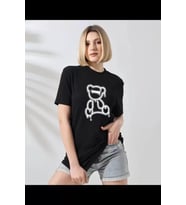 Unisex Bisiklet Yaka Baskılı T-Shirt - Siyah