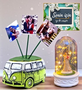Kişiye Özel Hediye Seti 3 Fotoğraflı Yeşil Vosvos Saksı ve Led Işıklı Fanus (Model 7)