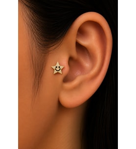 Sertifikalı 316L Çelik Gülen Yüzlü Taşlı Yıldız Figürlü Premium Altın Kaplama Tragus ve Helix Piercing