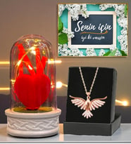 Led Işıklı Biblolu Fanus ve Gerçek Ametist Taşlı Zümrüdü Anka Kuşu Kolye (Model 3)
