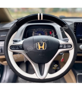 Honda Civic FN2 Dikme Direksiyon Kılıfı Parlak Siyah Beyaz Detaylı Beyaz Çift Yüzük ve Dikiş 2006-2012