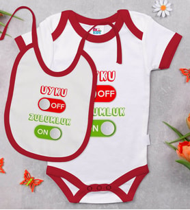 BK Kids Uyku Off Tasarımlı Kırmızı Bebek Body Zıbın ve Mama Önlüğü Hediye Seti-1