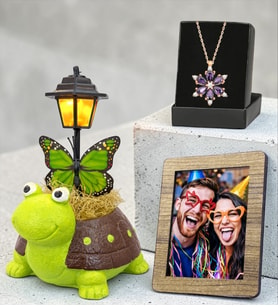 Kaplumbağa Masa Lambası, Gerçek Ametist Taşlı Lotus Kolye ve Fotoğraf Çerçevesi Hediye Seti (Model 3)