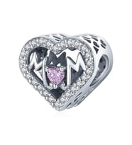 Nur Silver 'Mom' Yazılı Pembe Taşlı Kalp Gümüş Charm NUR-BL00330