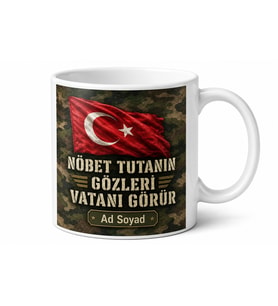 Asker Kamuflaj Nöbet Vatan Savunması Bayrak Sevgisi Baskılı Porselen Kupa Bardak Hediye
