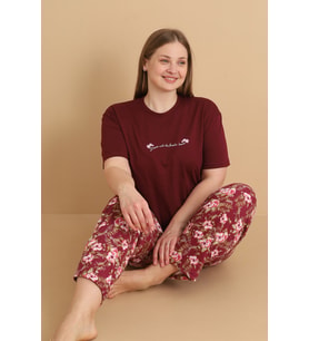 Mirano 4503 Çiçekli Kısa Kollu Pamuklu Penye Büyük Beden Kadın Pijama Takımı