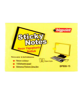 Bigpoint Yapışkanlı Not Kağıdı 75 mm x 50 mm Neon Sarı 100 Yaprak (12 Li Paket)
