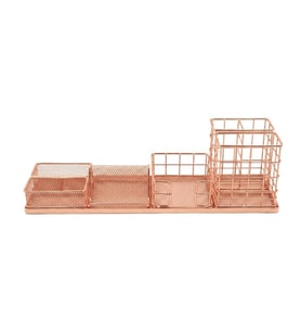 Temel Rose Gold Metal Mesh Modüler Masaüstü Organizer Seti 7 Parça 37x10 cm 9519