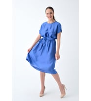 92210145 Bodrum Beli Lastik Kol Katlamalı Yarasa Kol Elbise INDIGO (İndigo)