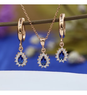 Lacivert Beyaz Taşlı Minimal Anturaj Damla Gümüş Kolye Küpe Takım