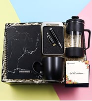 Kişiye Özel 32 gb Usb Siyah Kalem & Mermer Desenli Defter & Siyah Mat Kupa & French Press Hediye Seti