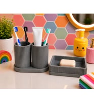 3D Baskı Diş Fırçalık ve Sabunluk Seti - Lavabo Üstü Banyo Organizeri-Gri