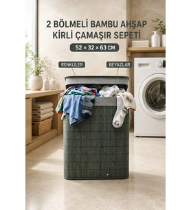 100 Litre Bambu Kirli Çamaşır Sepeti 2 Bölmeli Modern Tasarım Çamaşır Sepeti Beyaz Renkli Ayrı