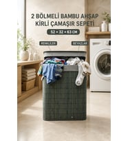 100 Litre Bambu Kirli Çamaşır Sepeti 2 Bölmeli Modern Tasarım Çamaşır Sepeti Beyaz Renkli Ayrı