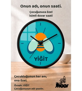 İsme Özel Turkuaz Arı Figürlü Çocuk Odası Duvar Saati Orta Boy 30 cm Siyah Camlı Sessiz