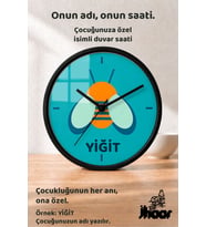 İsme Özel Turkuaz Arı Figürlü Çocuk Odası Duvar Saati Orta Boy 30 cm Siyah Camlı Sessiz
