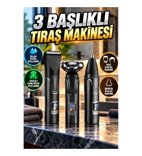 Dijital Göstergeli 3 Başlıklı Islak Kuru Şarjlı Tıraş Makinesi – Saç, Sakal ve Burun Bakımı