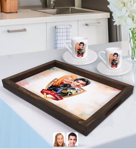 BK Gift Kişiye Özel İsimli Sevgililer Karikatürlü Doğal Ahşap Tepsi ve 2’li Kahve Fincan Seti-17