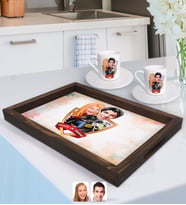 BK Gift Kişiye Özel İsimli Sevgililer Karikatürlü Doğal Ahşap Tepsi ve 2’li Kahve Fincan Seti-17
