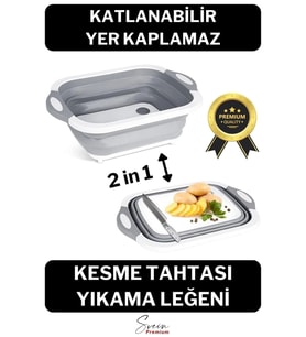 Katlanabilir Bulaşık Yıkama Leğeni Süzgeçli Kesme Doğrama Tahtası Ve Akordiyon Tıpalı Badya 1 Adet