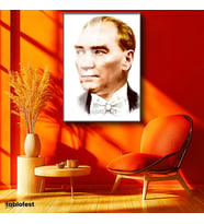 Siyah Renk Metal Çerçeveli Tamperli Cam Tablo Atatürk Papyonlu Çizim Atatürk Tablosu Duvar Dekoru