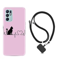 Oppo Reno 6 Kılıf Resimli Boyun Askılı İpli Desenli Silikon Pink Cat Heart 1303
