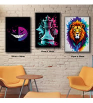 pop art sanatsal renkli aslan santranç gülen yüz tablosu 3 adet 35cmx50cm kumaş baskılı canvas tablo