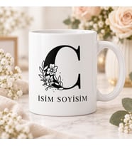 Kişiye Özel Baş Harf ve İsim Yazılı Çiçek Motifli C Harfli Seramik Kupa Bardak