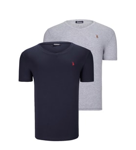 İKİLİ SET T8568 DEWBERRY V YAKA ERKEK T-SHIRT-AÇIK GRİ-KOYU LACİVERT