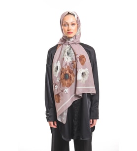 Çiçekli Desen Pavia Seri Şal Eşarp Askısı İle Birlikte 90x200 Vizon Bej-90X200