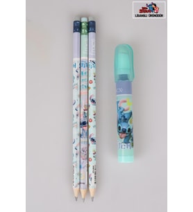 LİSANSLI STITCH 3 ADET SİLGİLİ KURŞUN KALEM VE ROKET SİLGİ KIRTASİYE SETİ (Krem)