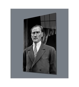 Atatürk Portre Siyah Beyaz Cam Tablo Hediyelik Büyük Tablo Ev Ofis Dekoru (Çok Renkli)