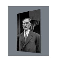 Atatürk Portre Siyah Beyaz Cam Tablo Hediyelik Büyük Tablo Ev Ofis Dekoru (Çok Renkli)