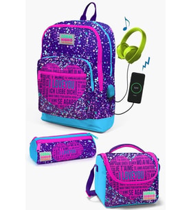 Coral High Kids Mor Mavi Pembe Kalp Desenli USB'li 3’lü Okul Çanta Seti - Kız Çocuk