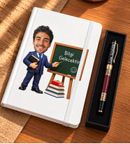 Kişiye Özel Fotoğraflı Öğretmenler Günü Hediyesi – Beyaz Karikatür Baskılı Defter ve İsme Özel Kalem Seti