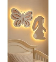 El Boyaması Ahşap Gece Lambası Koleksiyonu-Tavşan ve Kelebek Lambalar-Yıldız Sticker Hediyeli