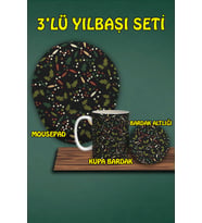 Yılbaşı Temalı 3'lü Bilek Destekli Mousepad Kupa Ve Bardak Altlığı Seti